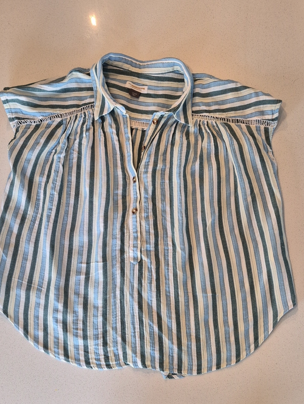 Anthrpologie PILCRO Surf Shirt in Blue, Green, Yellow Stripe